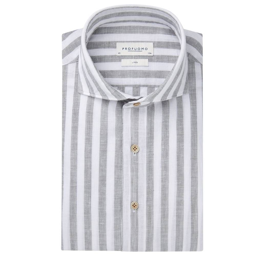 Profuomo Striped Linen Shirt - Dark Green